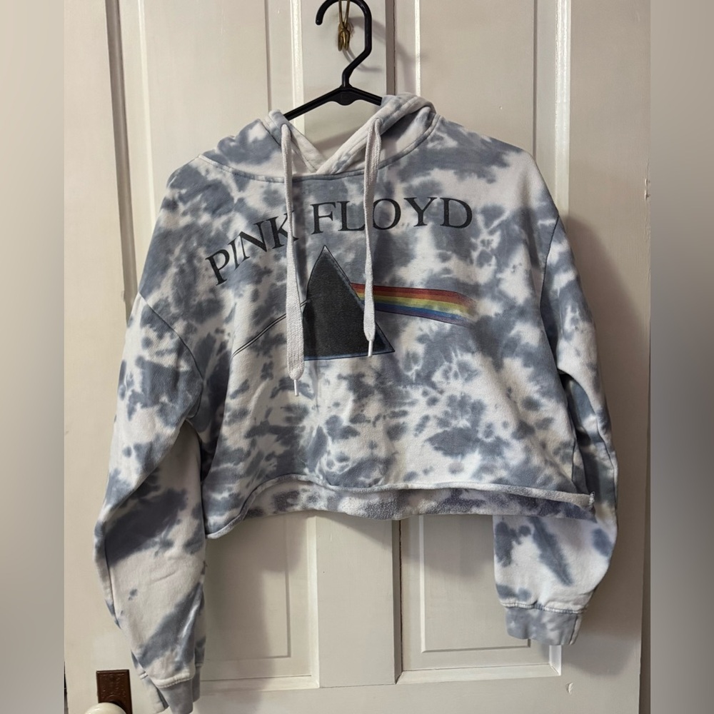 Pink Floyd Blue & White Tie-Dye Cropped Hoodie Sweater